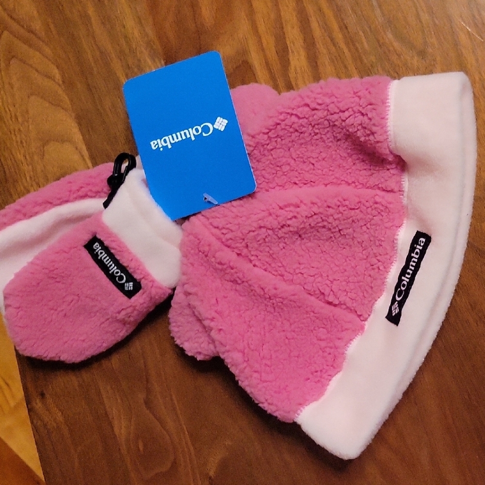 Columbia Pink and White Fleece Kids Hat and Mittens